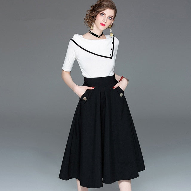 Office Lady clothing set Women summer Spring black and white Knitted Tops Tees And Long Skirt Black Woman Vestidoes suits NS278