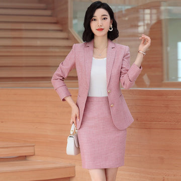 Gray Pink plaid Female elegant Women's Skirt Suits dress jacket costumes office work wear clothing 2 piece set jacket and blouse