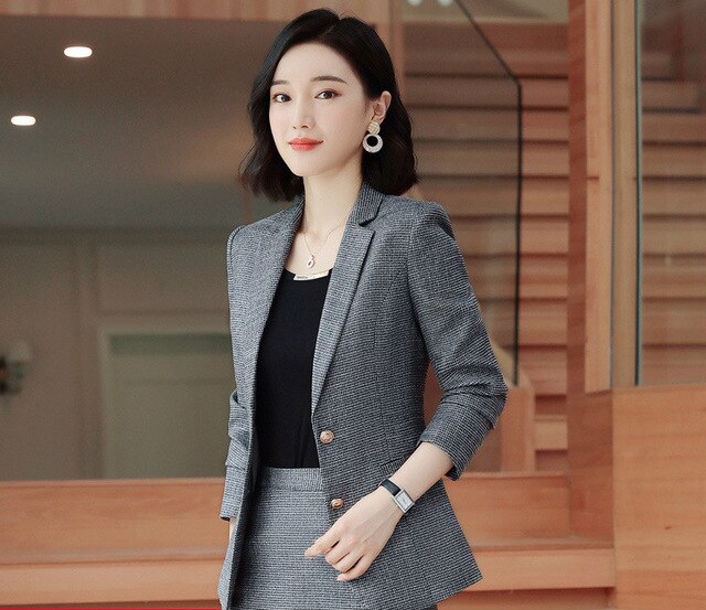 Gray Pink plaid Female elegant Women's Skirt Suits dress jacket costumes office work wear clothing 2 piece set jacket and blouse