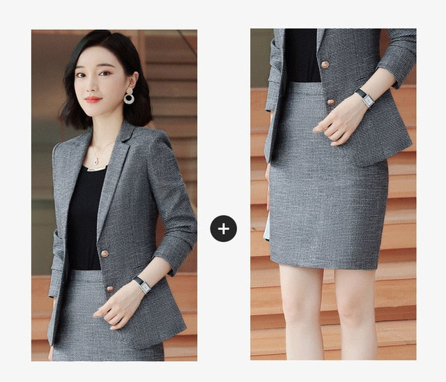 Gray Pink plaid Female elegant Women's Skirt Suits dress jacket costumes office work wear clothing 2 piece set jacket and blouse