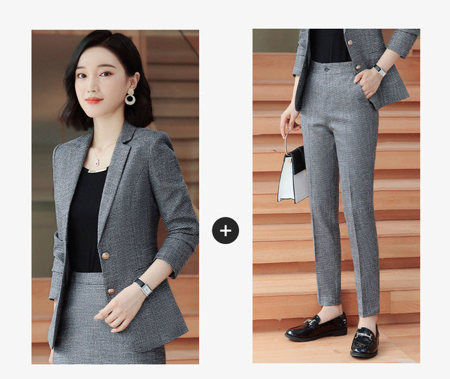 Gray Pink plaid Female elegant Women's Skirt Suits dress jacket costumes office work wear clothing 2 piece set jacket and blouse