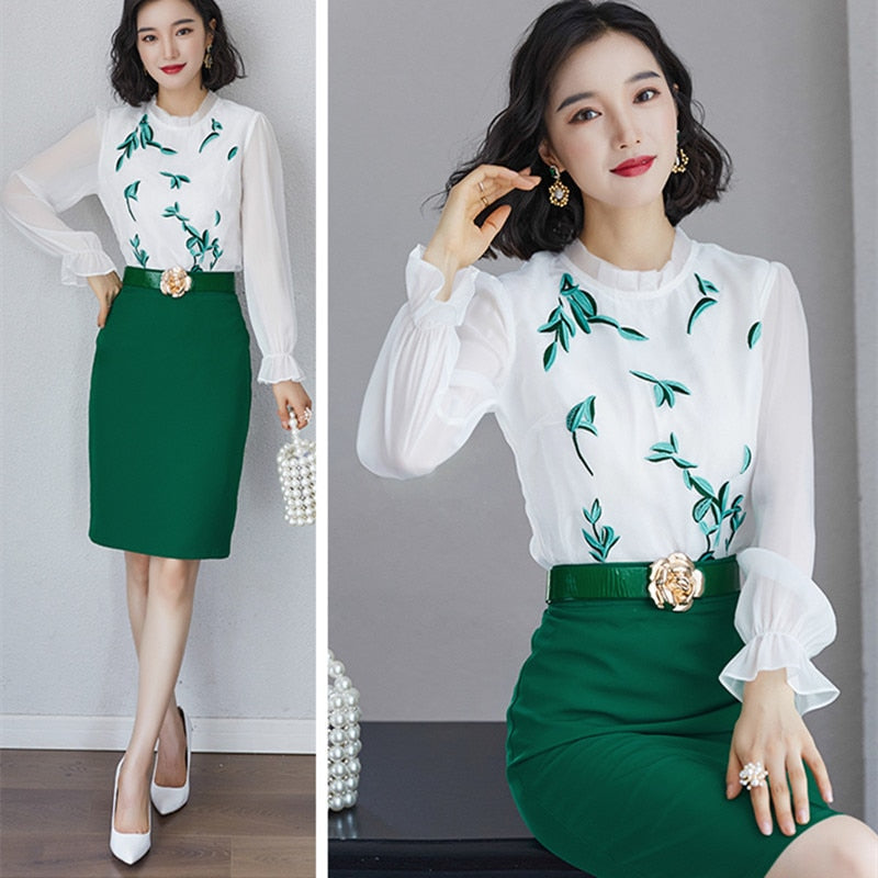 With Belt ! Women Vintage Leaf Embroidery Long Sleeve Blouses Tops And Green A-Line Skirts Clothing Set Spring 2PCS Suit NS33