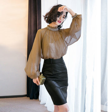 3 Pcs Elegant Clothing Set Women's Long Lantern Sleeve Shirts Loose Pearls Beaded Blouse Tops PU Slim OL Skirt Suits Set NS624