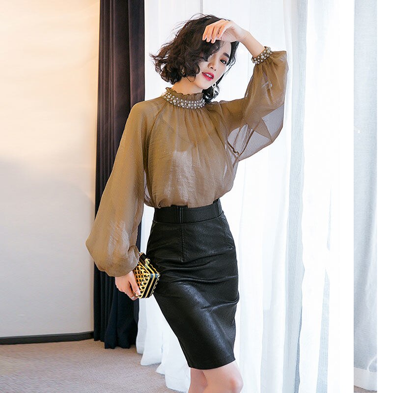 3 Pcs Elegant Clothing Set Women's Long Lantern Sleeve Shirts Loose Pearls Beaded Blouse Tops PU Slim OL Skirt Suits Set NS624