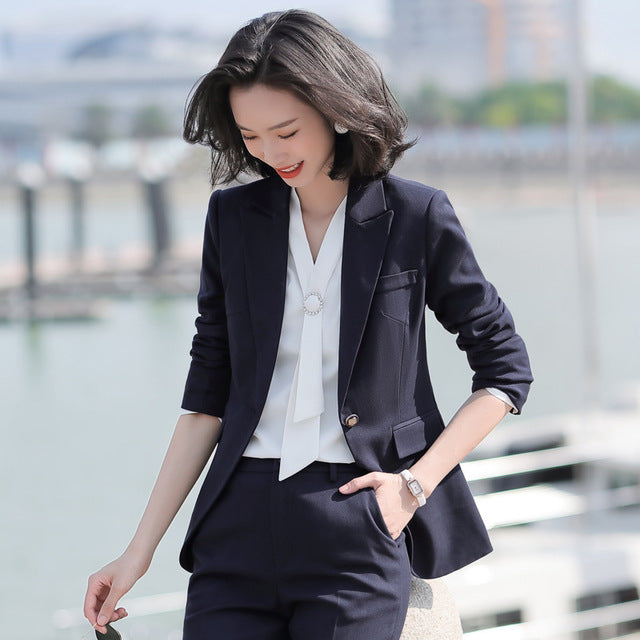 2020 Black Apricot Female Elegant Women's Suit Set Blazer and Trouser Pant Business Uniform Clothing Women Lady Tops and Blouses