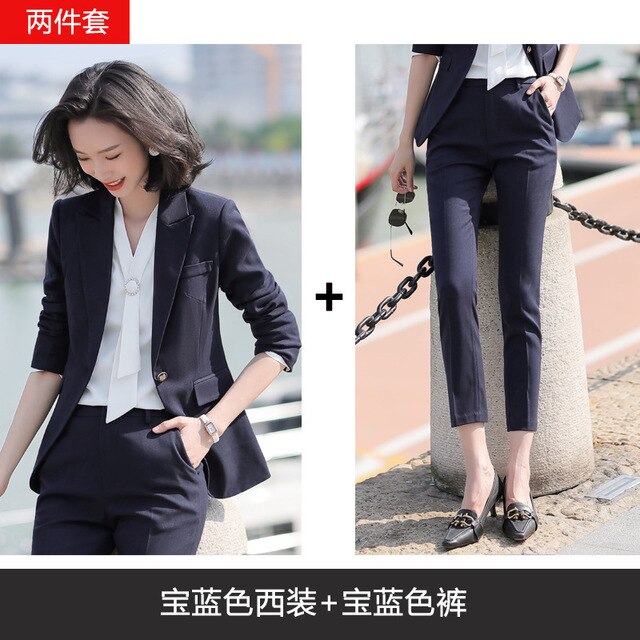 2020 Black Apricot Female Elegant Women's Suit Set Blazer and Trouser Pant Business Uniform Clothing Women Lady Tops and Blouses