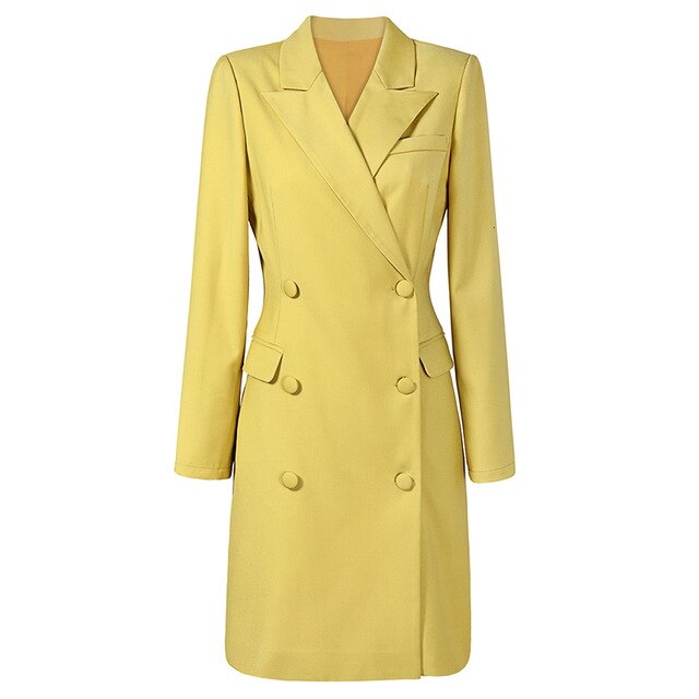 Peacock Blue Dress Suit Women OL Style Business Formal Work Wear Office Ladies Clothing Double Breasted Slim Long Sleeve Dresses
