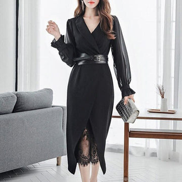 2020 New Autumn Dress Suits For Women Chiffon Long Sleeve Blazer Lace Dress Two Piece Set Sexy Ladies Office Wear Clothing Belt