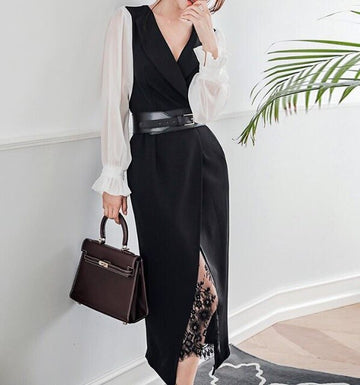 2020 New Autumn Suits For Women Chiffon Long Sleeve Blazer Lace Dress Two Piece Set Sexy Ladies Office Wear Clothing Belt