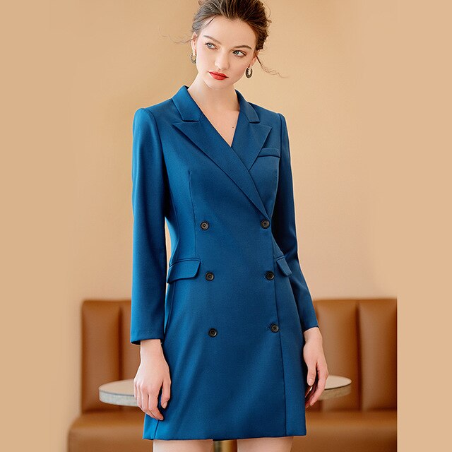 Peacock Blue Dress Suit Women OL Style Business Formal Work Wear Office Ladies Clothing Double Breasted Slim Long Sleeve Dresses