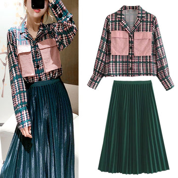 2 Pcs Clothing Set Women's Plaid Big Pockets Loose Blouses Tops + Green Pleated Shinny Long Graceful Party Skirt Suit NS178