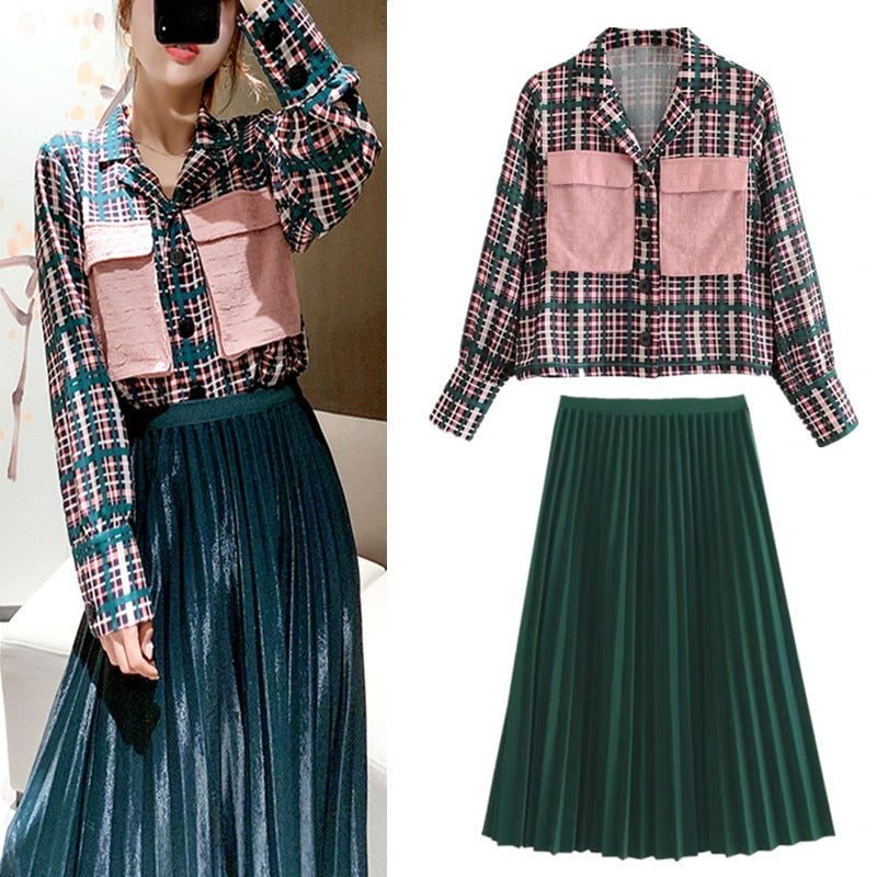 2 Pcs Clothing Set Women's Plaid Big Pockets Loose Blouses Tops + Green Pleated Shinny Long Graceful Party Skirt Suit NS178