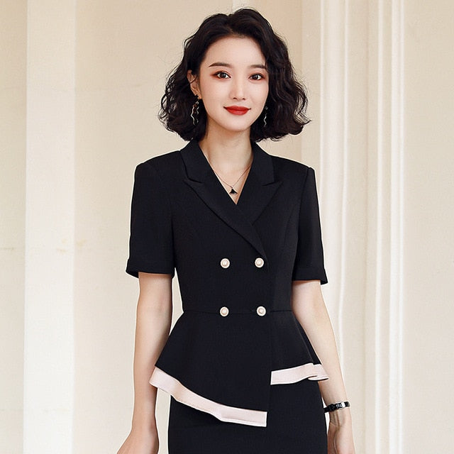 Black Formal Skirt Suits Women Business Work Jacket  Set Fashion Blazer Office Lady OL Female Clothing Short Sleeve 2 Piece Set
