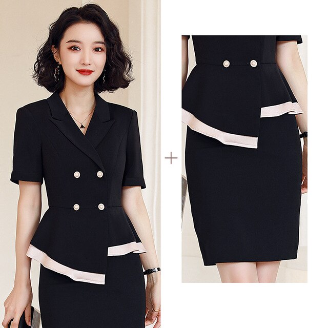 Black Formal Skirt Suits Women Business Work Jacket  Set Fashion Blazer Office Lady OL Female Clothing Short Sleeve 2 Piece Set