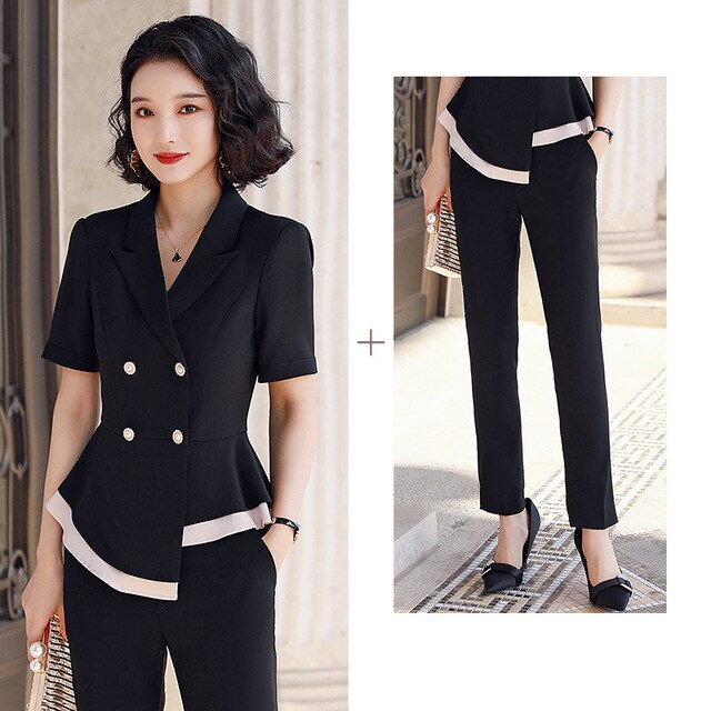 Black Formal Skirt Suits Women Business Work Jacket  Set Fashion Blazer Office Lady OL Female Clothing Short Sleeve 2 Piece Set