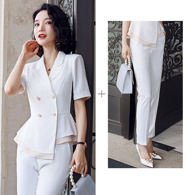 Black Formal Skirt Suits Women Business Work Jacket  Set Fashion Blazer Office Lady OL Female Clothing Short Sleeve 2 Piece Set