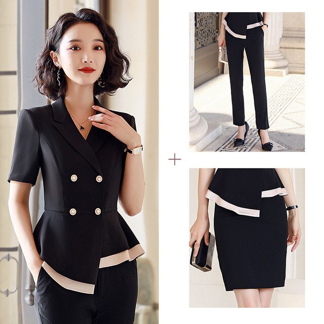 Black Formal Skirt Suits Women Business Work Jacket  Set Fashion Blazer Office Lady OL Female Clothing Short Sleeve 2 Piece Set