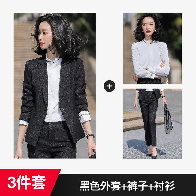 Black Formal Skirt Suits Women Business Work Jacket  Set Fashion Blazer Office Lady OL Female Clothing Long Sleeve 2 Piece Set