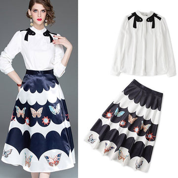 Women Spring Autumn Clothing Set Fashion Bows Beading Embroidery Appliques Shirts Blouse And Long Print Skirts Suit Sets NS966