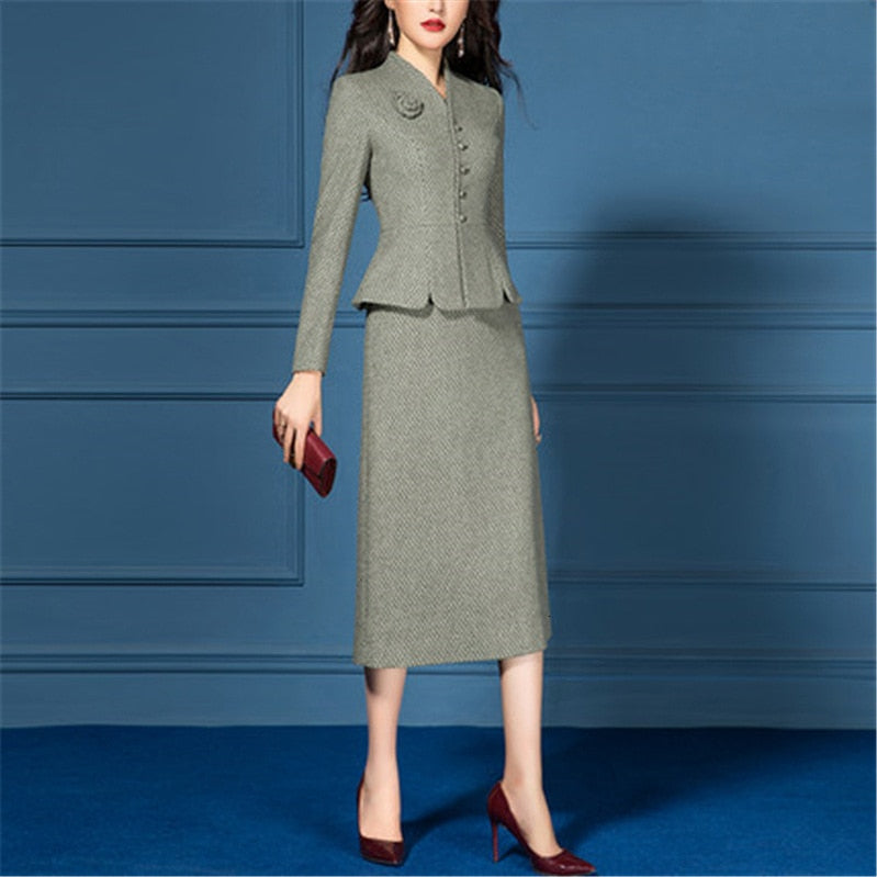 Autumn Winter Wool Women Dress Suit Clothing 2 Two Piece Set Long Sleeve Vintage Jacket Elegant Dress Offce Lady Work Female