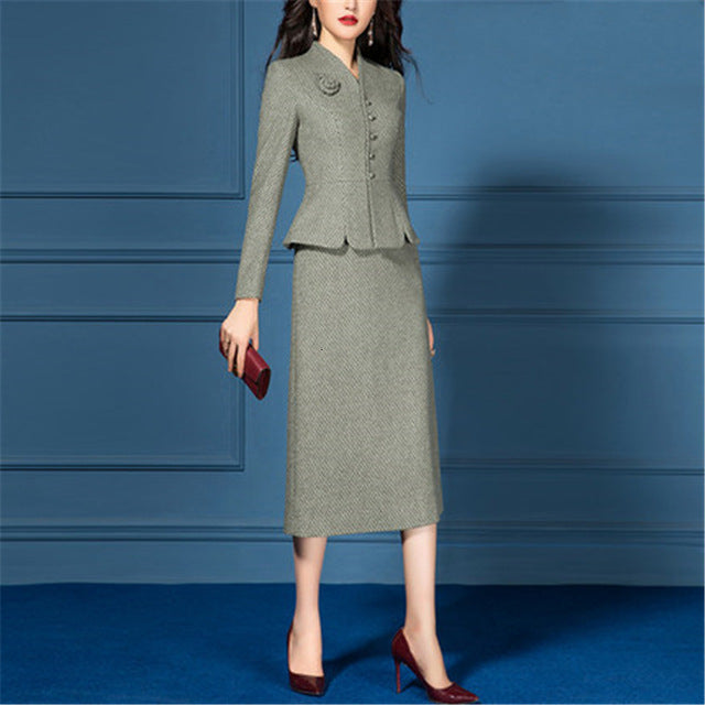 Autumn Winter Wool Women Dress Suit Clothing 2 Two Piece Set Long Sleeve Vintage Jacket Elegant Dress Offce Lady Work Female