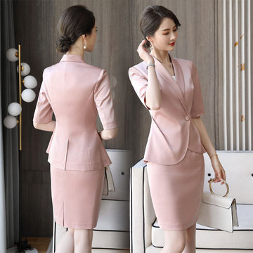 New 2020 Summer Clothing Skirt Set Mid-sleeve Blazer Suit Women Office Pink/Black Lady Formal Work Uniform Skirt and Jacket Set