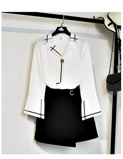 Skirts Set New Spring Women's Office Ladies Notched Shirts Tops And Cut Woman Skirts Casual Ladies Clothing Suit Set NS74