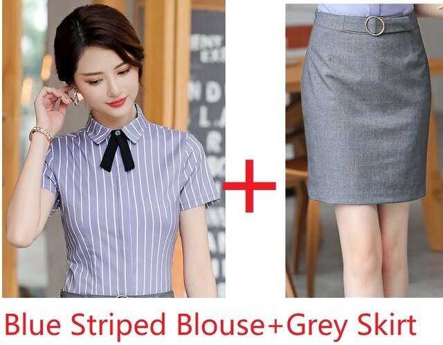 2019 Summer Short Sleeve With Skirt and Blouses Business Women Work Wear Suits OL Styles Office Clothing Sets Fashion Striped