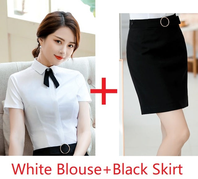 2019 Summer Short Sleeve With Skirt and Blouses Business Women Work Wear Suits OL Styles Office Clothing Sets Fashion Striped