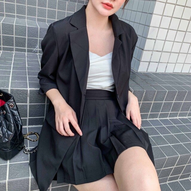 New Large size Loose Professiona Women's Clothing Korean Fashion Little Fragrant Wind Elegant Suit Pleated Mini Skirt Two Piece
