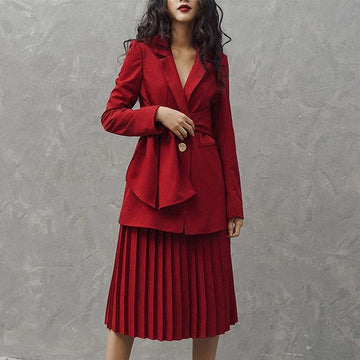 Dress Suits Set Women Long Sleeve Runway Designer Elegant Office Ladies Suit Jacket Coat Red Pleated Dress Two Piece Clothing