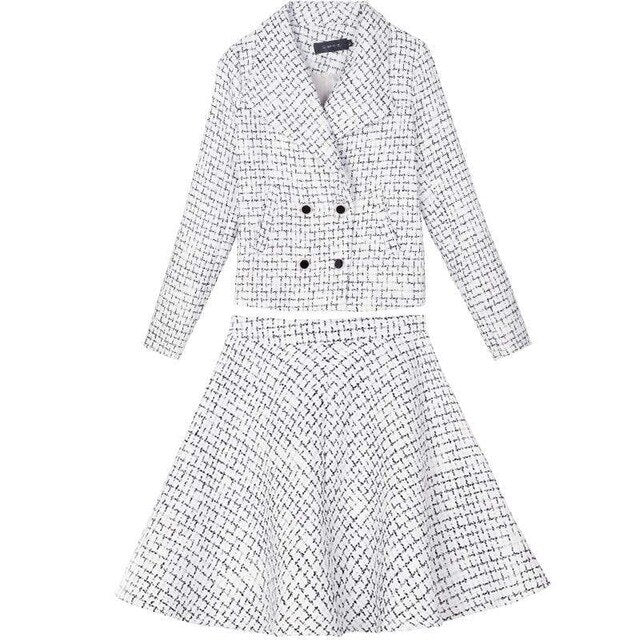 Runway 2 Piece Set Womens Vintage Skirt Suits for Ladies Office Clothing Korean Black White Plaid Jacket and Skirts Suit Women