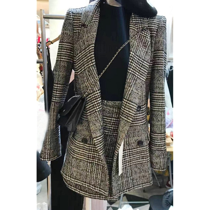 women's Clothing lattice suit jacket half skirt suit Double breasted lattice casual suit + skirt two piece set women's suit