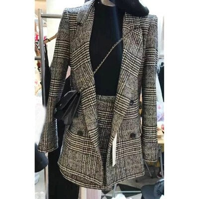 women's Clothing lattice suit jacket half skirt suit Double breasted lattice casual suit + skirt two piece set women's suit