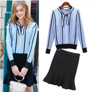 Autumn Spring Women's Clothing Sets Butterfly Collar Strip Sweaters Knit Tops Mermaid Work Office Skirts Suit Elegant Set NS831
