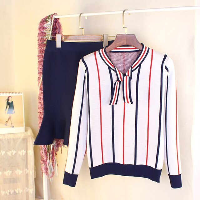 Autumn Spring Women's Clothing Sets Butterfly Collar Strip Sweaters Knit Tops Mermaid Work Office Skirts Suit Elegant Set NS831